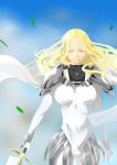  1girl armor artist_request blonde_hair bodysuit breasts cape claymore claymore_(sword) contrapposto grey_eyes highres large_breasts pauldrons smile solo star_(sky) sword teresa thigh_gap weapon 