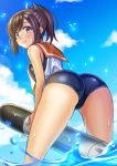  1girl arched_back ass bare_shoulders blue_sky blush brown_eyes brown_hair clouds hair_ornament hairclip highres i-401_(kantai_collection) kantai_collection leaning_forward long_hair looking_at_viewer looking_back noboru_(ohayochan) one-piece_swimsuit ponytail sailor_collar school_swimsuit school_uniform short_ponytail sky smile solo swimsuit swimsuit_under_clothes torpedo wet 