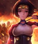  1girl armor breasts brown_hair burning choker closed_mouth corset fire floating_hair forehead_protector headpiece kabane koutetsujou_no_kabaneri long_sleeves looking_at_viewer mumei_(kabaneri) puffy_long_sleeves puffy_sleeves qosic red_eyes ribbon_choker short_hair solo_focus untying upper_body 