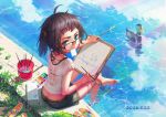  1girl ahoge artist_request barefoot bird blue_eyes brown_hair dated drawing duck glasses highres long_hair mouth_hold paintbrush sandals sandals_removed semi-rimless_glasses shoes_removed skirt soaking_feet solo twintails water wet 