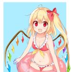  1girl :d adapted_costume ahoge bikini blonde_hair blue_background blush bow breasts cleavage fang flandre_scarlet frilled_bikini frills hair_bow innertube looking_at_viewer navel open_mouth red_eyes short_hair side_ponytail simple_background smile swimsuit touhou wings yada_(xxxadaman) 