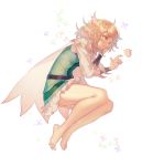  1girl ahoge bare_legs barefoot belt blonde_hair cape creature dress flying frilled_dress frills from_side full_body green_dress long_sleeves original profile red_eyes short_hair simple_background solo white_background white_cape zuizi 