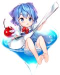  1girl :q alternate_hair_length alternate_hairstyle bangs barefoot bloomers blue_bow blue_dress blue_eyes blue_hair bow bowtie cherry cirno cup dress drink drinking_glass eyelashes flat_chest food frills fruit full_body glass glint hair_bow highres holding holding_spoon ice ice_wings in_container in_cup lens_flare licking_lips loose_bowtie minigirl oversized_object partially_submerged red_bow red_bowtie shirt short_hair short_sleeves sitting soles solo takotsu tongue tongue_out touhou transparent transparent_wings underwear white_background white_shirt wings 
