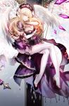  1girl :d angel_wings ass blonde_hair breasts cleavage crossed_arms crossed_legs feathered_wings feathers had high_heels highres looking_at_viewer moemoe3345 open_mouth puffy_sleeves smile solo thigh-highs violet_eyes wings 