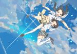  2girls ankle_socks black_hair brown_eyes clothes_around_waist clouds falling hair_ornament hairclip highres hug loafers looking_at_viewer midriff multiple_girls navel nob-c open_mouth original outstretched_arms school_uniform shoes sky sparkle thigh-highs white_legwear 