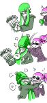  &gt;_&lt; /\/\/\ 1boy 1girl :p anger_vein angry bangs beanie blunt_bangs brother_and_sister closed_eyes comic crazy_(zoza) domino_mask earrings fangs flying_sweatdrops fume glasses green_eyes green_hair hair_slicked_back hat hat_over_eyes heavy_splatling_(splatoon) highres hood hoodie jewelry long_hair long_sleeves mask mouth_pull plaid plaid_shirt pointy_ears prank purple_hair sane_(zoza) scrunchie shirt short_hair siblings silent_comic smile splatoon spoken_anger_vein standing tentacle_hair tongue tongue_out topknot upper_body zoza 