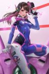  1girl absurdres bodysuit breasts brown_eyes brown_hair cowboy_shot d.va_(overwatch) facial_mark gloves gun handgun headphones highres holding holding_gun holding_weapon lips long_hair looking_at_viewer mecha nose overwatch parted_lips pinky_out pistol sitting solo tian_(56800940) weapon 