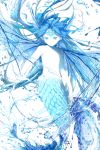  androgynous animal_ears arm_at_side blue blue_eyes blue_hair cardcaptor_sakura closed_mouth clow_card fingernails head_fins highres light_frown long_fingernails long_hair looking_at_viewer mermaid monster_girl scales shade sharp_fingernails solo water watery_(clow_card) white_background white_skin winni 