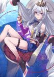  1girl absurdres boots crown glasses grey_hair high_heel_boots high_heels highres long_hair maruchi nail_polish purple_nails ribbon sitting_on_chair skirt smile solo twintails violet_eyes 