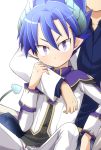  2boys blue_hair blush demon_boy demon_tail demon_wings horns low_wings male_focus mini_wings multiple_boys out_of_frame pointy_ears pop-up_story short_hair smile tail violet_eyes wings ziz_glover 