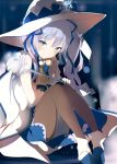  1girl aqua_eyes blue_hair blush floating gloves hair_ribbon hat hatsune_miku long_hair looking_at_viewer lp_(hamasa00) musical_note pantyhose ribbon scepter shoes sky smile snowflakes solo star_(sky) starry_sky vocaloid witch_hat 