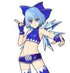  1girl adapted_object bare_arms bare_shoulders belt blue_eyes blue_gloves blue_hair blue_legwear bow cirno cowboy_shot crop_top fingerless_gloves gloves hair_bow ice ice_wings looking_at_viewer midriff navel raybar shorts solo thigh-highs thighs touhou wings 