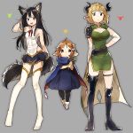  3girls :d :o alternate_costume alternate_hairstyle animal_ears asymmetrical_legwear bangs bare_shoulders black_hair black_legwear blonde_hair blue_cape blue_dress blue_eyes blunt_bangs blush bob_cut boots breasts brown_eyes brown_hair candy_wrapper cleavage cleavage_cutout dress floating full_body green_dress grey_background hair_ornament hairclip hammer hand_on_own_head high_heel_boots high_heels holding horns kemonomimi_mode kitashirakawa_tamako knee_boots knee_pads large_breasts legs_apart long_hair makino_kanna messy_hair miniskirt momose_(oqo) multiple_girls neck_ribbon open_mouth pantyhose pauldrons pointy_ears red_eyes ribbon short_hair simple_background skirt sleeveless smile tail tamako_market thigh-highs thigh_boots thigh_strap tokiwa_midori white_boots white_legwear wolf_ears wolf_tail 