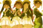  1boy 3girls ;d ^_^ antenna_hair backpack bag bangs black_hair blunt_bangs blush brown_eyes brown_hair cardcaptor_sakura closed_eyes closed_mouth crossed_arms daidouji_tomoyo food from_below fruit green_eyes hair_between_eyes hair_intakes hat head_tilt holding holding_fruit hyaku_nori kinomoto_sakura leaf li_meiling li_xiaolang long_hair long_sleeves looking_down miniskirt motion_blur multiple_girls one_eye_closed open_mouth pleated_skirt red_eyes school_uniform serafuku shade short_hair skirt smile turtleneck twintails white_hat white_skirt 