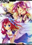  2girls angel_wings bare_shoulders blue_eyes blush bow bowtie breasts bridal_gauntlets card cleavage cross detached_collar dress feathered_wings flower gloves gradient_hair hair_flower hair_ornament halo highres jibril_(no_game_no_life) joker kamiya_yuu large_breasts long_hair multicolored_hair multiple_girls navel no_game_no_life official_art one_eye_closed pink_hair playing_card redhead short_hair sideboob smile stephanie_dora symbol-shaped_pupils tattoo tongue tongue_out white_wings wing_ears wings yellow_eyes 