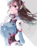  1girl arm_behind_back artist_name blue_eyes bodysuit breasts brown_hair covered_navel d.va_(overwatch) facial_mark finger_to_face from_side gloves headphones long_hair looking_at_viewer overwatch shourca smile solo upper_body white_gloves 