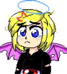  barrette bat_wings black_sweater blonde_hair blue_eyes dungeon_toaster evil_eye_sigma eyeball halo humanization oota_jun&#039;ya_(style) pc98 pixel_art red_eyes simple_background sweater tagme teardrop touhou wings 