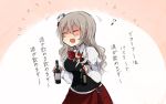  1girl annin_musou bottle closed_eyes drunk grey_hair hair_between_eyes hat kantai_collection long_hair mini_hat musical_note pola_(kantai_collection) solo translation_request wavy_hair wine_bottle 