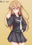  1girl anti_(untea9) belt blush brown_eyes brown_hair commentary_request crescent crescent_moon_pin glasses hand_on_hip highres kantai_collection long_hair looking_at_viewer mochizuki_(kantai_collection) necktie school_uniform serafuku skirt smile solo twitter_username white_necktie 