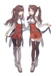 2girls absurdres boots brown_hair brown_legwear detached_sleeves dress highres long_hair looking_at_viewer maruchi multiple_girls original pantyhose red_dress siblings sidelocks sisters smile thigh-highs thigh_boots twintails violet_eyes white_background zettai_ryouiki 