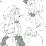  2girls alternate_breast_size alternate_height breasts chiyoshi_(sevendw) dress eye_contact hair_ribbon hand_on_hip hat height_difference huge_breasts japanese_clothes konpaku_youmu long_hair looking_at_another mob_cap monochrome multiple_girls puffy_sleeves ribbon saigyouji_yuyuko short_hair short_sleeves simple_background sketch skirt skirt_set sweatdrop touhou triangular_headpiece white_background 