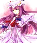  1girl blue_bow blue_eyes blue_ribbon bow capelet crescent dress frilled_dress frills hair_bow hair_ribbon hat hat_ribbon kutsuki_kai long_hair mob_cap patchouli_knowledge purple_dress purple_hair red_bow red_ribbon ribbon sidelocks solo striped striped_dress touhou tress_ribbon upper_body very_long_hair 