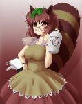 1girl animal_ears blush breasts brown_dress brown_eyes brown_hair collarbone cowboy_shot dress futatsuiwa_mamizou glasses gourd hand_on_hip highres large_breasts leaf leaf_on_head looking_at_viewer mazume pince-nez raccoon_ears raccoon_tail short_hair sleeveless smile solo tail tail_through_clothes tanuki touhou wristband