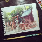 highres ilya_kuvshinov original photo shrine solo traditional_media watercolor_(medium) 