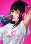  1girl absurdres arm_behind_back arm_up black_eyes black_hair breasts casual d.va_(overwatch) drinking facepaint glasses headphones highres holding lips monori_rogue overwatch parted_lips pink_background rimless_glasses shirt short_hair short_sleeves simple_background soda_can solo upper_body white_shirt 