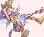  1girl bare_shoulders blonde_hair blue_eyes boots duel_monster earrings full_body gloves hat highres jewelry lemon_magician_girl leotard long_hair looking_at_viewer maruchi pantyhose smile solo thigh-highs wand white_legwear wizard_hat yellow_clothes yellow_gloves yuu-gi-ou 