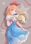  1girl aikatsu! blonde_hair blush casual dress envelope gobou_1000 hair_ribbon hoshimiya_ichigo long_hair looking_at_viewer red_eyes red_string ribbon smile solo string 