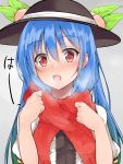 1girl blue_hair blush breath face food fruit grey_background hat hat_ribbon hinanawi_tenshi long_hair looking_at_viewer open_mouth peach portrait puffy_sleeves red_eyes red_scarf ribbon scarf short_sleeves simple_background solo text touhou yuhito_(ablbex) 