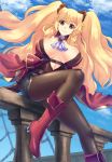  anne_bonny_(fate/grand_order) ascot belt black_legwear blonde_hair boots breasts fate/grand_order fate_(series) from_below gloves hair_ribbon large_breasts long_hair looking_at_viewer looking_down pantyhose red_eyes ribbon shingo_(picturepuzzle) shorts sitting sky smile torn_clothes twintails 