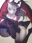  1girl bat_wings character_request gloves grey_hair highres horns leotard long_hair maruchi monster_girl no_bra no_panties red_eyes snake solo tattoo wings yuu-gi-ou 