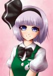  1girl black_bow black_bowtie black_ribbon blue_eyes blush bow bowtie buttons green_vest hair_ribbon hairband konpaku_youmu looking_at_viewer mazume pink_background puffy_short_sleeves puffy_sleeves ribbon short_hair short_sleeves silver_hair smile solo touhou upper_body 