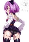  1girl ass bare_shoulders black_legwear black_panties blush detached_sleeves dress fate/grand_order fate_(series) from_behind from_below helena_blavatsky_(fate/grand_order) highres looking_at_viewer open_mouth panties pantyshot purple_hair shimeji_nameko shiny shiny_hair shiny_skin short_hair simple_background sketch solo strapless thigh-highs underwear violet_eyes white_background 