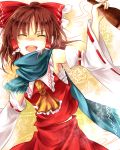  1girl :d armpits ascot bare_shoulders blue_scarf bottle bow brown_hair closed_eyes collar detached_sleeves frilled_collar frills hair_bow hair_tubes hakurei_reimu japanese_clothes kutsuki_kai long_sleeves looking_at_viewer miko open_mouth red_bow ribbon-trimmed_sleeves ribbon_trim sake_bottle sarashi scarf shaded_face skirt skirt_set smile solo touhou wide_sleeves 