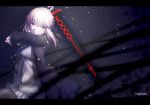  1girl artist_name blonde_hair braid dark_excalibur fate/stay_night fate/unlimited_codes fate_(series) french_braid gothic_lolita highres letterboxed lolita_fashion magicians_(zhkahogigzkh) saber saber_alter short_hair solo sword weapon yellow_eyes 