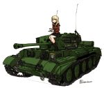  1girl blonde_hair cromwell_(tank) cup earl_grey_(girls_und_panzer) girls_und_panzer highres long_hair radio_antenna sketch solo teacup tora_jun twitter_username uniform 