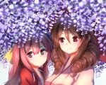  2girls 33_(mkiiiiii) blush bow brown_hair drill_hair flower hair_between_eyes hair_bow harukaze_(kantai_collection) japanese_clothes kamikaze_(kantai_collection) kantai_collection kimono light_smile long_hair multiple_girls purple_hair red_eyes smile twin_drills violet_eyes 