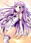  1girl blue_eyes breasts cleavage elbow_gloves gloves hair_ornament karumayu long_hair looking_at_viewer nepgear neptune_(series) open_mouth purple_hair purple_sister smile symbol-shaped_pupils thigh-highs very_long_hair 