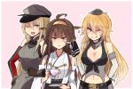  3girls :d :p ;d ;p ahoge anchor_choker annin_musou annoyed arm_behind_back bangs belt bismarck_(kantai_collection) blonde_hair breasts brown_hair cheek_poking collar cup detached_sleeves dress elbow_gloves gloves grey_eyes hair_between_eyes hairband hand_on_hip hat headgear holding_cup iowa_(kantai_collection) japanese_clothes kantai_collection kongou_(kantai_collection) large_breasts locked_arms long_hair low_neckline midriff mini_hat multiple_girls navel nontraditional_miko one_eye_closed open_mouth peaked_cap poking saucer skirt smile sweatdrop teacup tongue tongue_out unamused wide_sleeves 