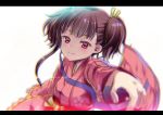  1girl bangs blunt_bangs blurry bow brown_hair closed_mouth depth_of_field foreshortening glint hanao_(kuma-tan_flash!) japanese_clothes kimono koutetsujou_no_kabaneri letterboxed lips long_sleeves looking_at_viewer mumei_(kabaneri) outstretched_arm red_eyes sash short_twintails simple_background smile solo tareme twintails upper_body white_background wide_sleeves yellow_bow 