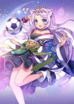  1girl animal_ears ball blue_eyes crown facial_tattoo fang japanese_clothes kimono rainbow soccer_ball soccer_spirits tail tattoo violet_eyes 