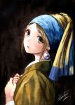  1girl brown_hair dress earrings fine_art_parody girl_with_a_pearl_earring headband jewelry kazuharu_kina lips looking_at_viewer parody parted_lips pearl solo yellow_eyes 