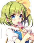  1girl ascot blue_eyes blush candy commentary covering_mouth daiyousei face fairy_wings green_hair hair_ribbon lollipop looking_at_viewer masaru.jp portrait puffy_sleeves ribbon shirt short_sleeves side_ponytail simple_background solo touhou twitter_username vest white_background wings 