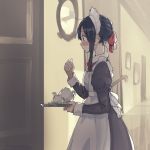  1girl alternate_costume apron black_hair blush braid cowboy_shot door enmaided from_side hair_ribbon kitashirakawa_tamako maid maid_apron maid_headdress mirror mole mole_on_neck momose_(oqo) profile ribbon short_hair solo tamako_market tea_set teapot tray wrist_cuffs 