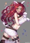  1girl :d animal_ears artist_request belt boots breasts cleavage dagger elbow_gloves fang fox_ears fox_tail gloves green_eyes grey_background hanato_(seonoaiko) katarina_du_couteau kemonomimi_mode knee_boots large_breasts league_of_legends leg_up long_hair looking_at_viewer open_mouth paw_gloves paw_pose redhead simple_background skindentation smile solo sparkle standing_on_one_leg tail thigh_strap weapon whisker_markings white_boots white_gloves 
