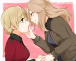  2girls black_shirt blonde_hair blue_eyes brown_jacket cup darjeeling from_side girls_und_panzer hand_on_another&#039;s_face holding jacket kay_(girls_und_panzer) long_hair long_sleeves looking_at_another lowres military military_uniform multiple_girls nakaya_106 open_clothes open_jacket red_jacket shirt short_hair smile sweatdrop teacup twitter_username uniform upper_body yuri 