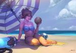  1girl beach beach_towel bikini brown_hair coconut drinking_straw glasses hair_ornament hairpin highres looking_at_viewer marc_brunet mei_(overwatch) ocean overwatch plump robot sand shade sitting solo stomach straw swimsuit umbrella 